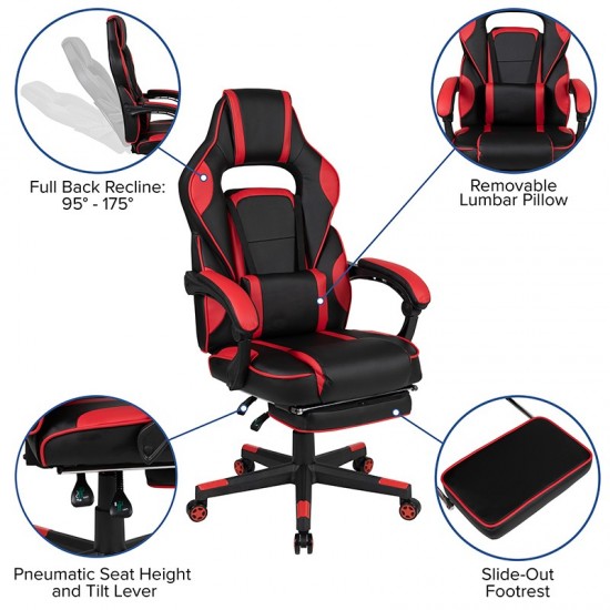 Gaming Desk with Cup Holder/Headphone Hook/Removable Mousepad Top & Red Reclining Back/Arms Gaming Chair with Footrest