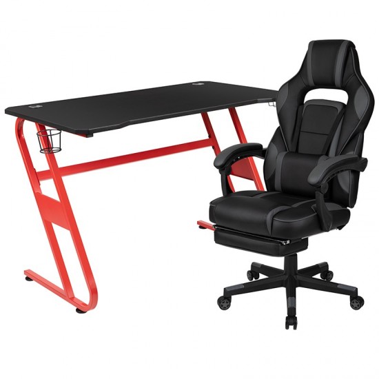 Red Gaming Desk with Cup Holder/Headphone Hook & Black Reclining Back/Arms Gaming Chair with Footrest
