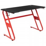 Red Gaming Desk with Cup Holder/Headphone Hook & Black Reclining Back/Arms Gaming Chair with Footrest