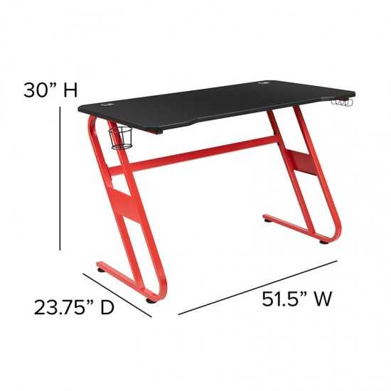 Red Gaming Desk with Cup Holder/Headphone Hook & Red Reclining Back/Arms Gaming Chair with Footrest