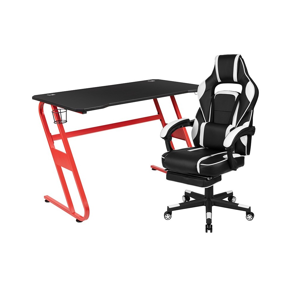 Red Gaming Desk with Cup Holder/Headphone Hook & White Reclining Back/Arms Gaming Chair with Footrest