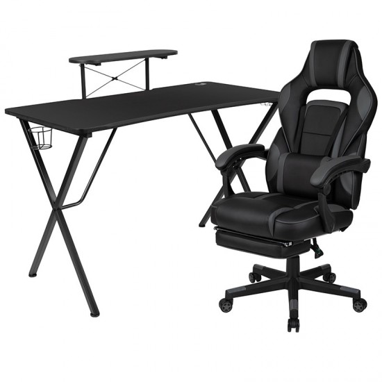 Black Gaming Desk with Cup Holder/Headphone Hook/Monitor Stand & Black Reclining Back/Arms Gaming Chair with Footrest