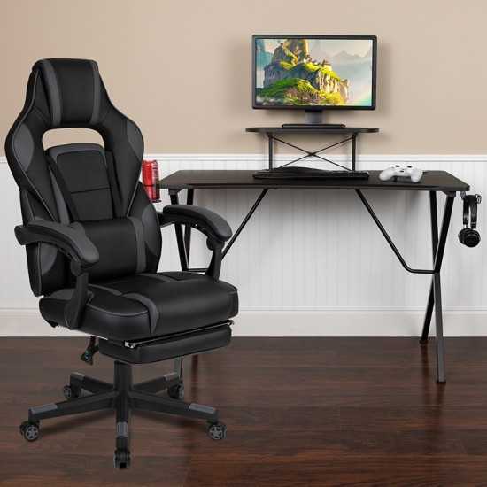 Black Gaming Desk with Cup Holder/Headphone Hook/Monitor Stand & Black Reclining Back/Arms Gaming Chair with Footrest