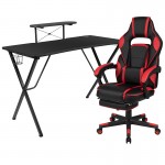 Black Gaming Desk with Cup Holder/Headphone Hook/Monitor Stand & Red Reclining Back/Arms Gaming Chair with Footrest