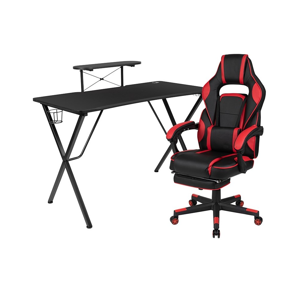 Black Gaming Desk with Cup Holder/Headphone Hook/Monitor Stand & Red Reclining Back/Arms Gaming Chair with Footrest