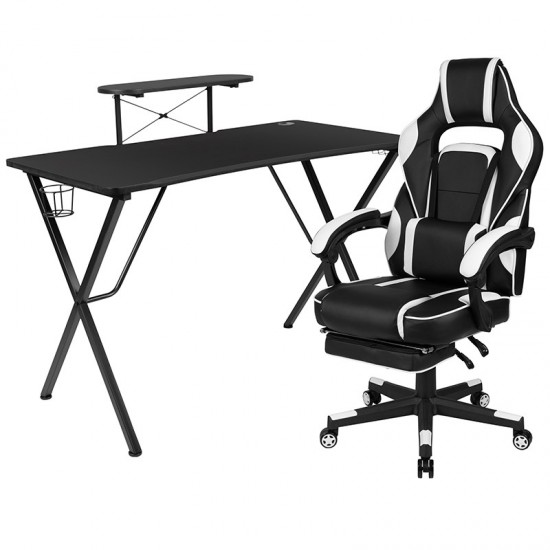 Black Gaming Desk with Cup Holder/Headphone Hook/Monitor Stand & White Reclining Back/Arms Gaming Chair with Footrest