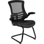 Black Mesh Sled Base Side Reception Chair with White Stitched LeatherSoft Seat and Flip-Up Arms