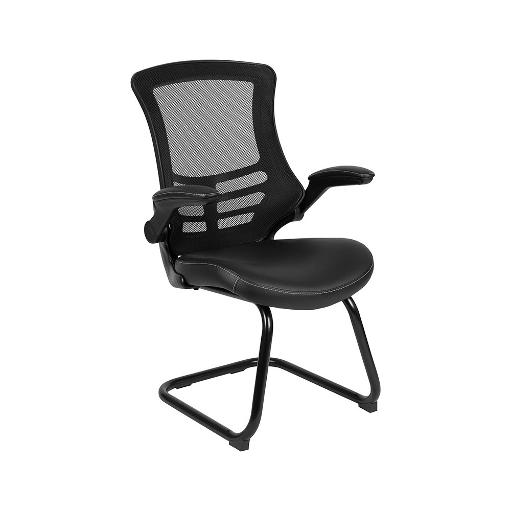 Black Mesh Sled Base Side Reception Chair with White Stitched LeatherSoft Seat and Flip-Up Arms