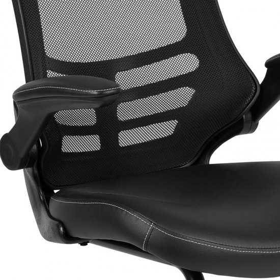 Black Mesh Sled Base Side Reception Chair with White Stitched LeatherSoft Seat and Flip-Up Arms