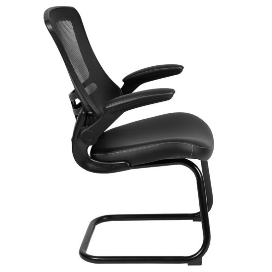 Black Mesh Sled Base Side Reception Chair with White Stitched LeatherSoft Seat and Flip-Up Arms