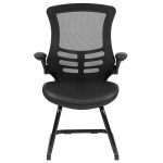 Black Mesh Sled Base Side Reception Chair with White Stitched LeatherSoft Seat and Flip-Up Arms