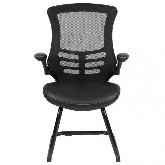 Black Mesh Sled Base Side Reception Chair with White Stitched LeatherSoft Seat and Flip-Up Arms