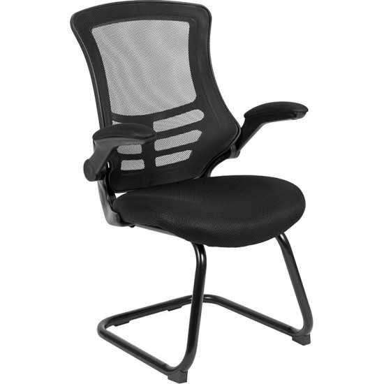 Black Mesh Sled Base Side Reception Chair with Flip-Up Arms