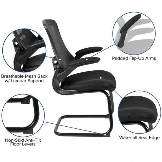 Black Mesh Sled Base Side Reception Chair with Flip-Up Arms