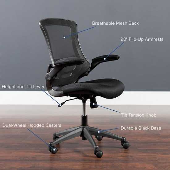 Mid-Back Black Mesh Swivel Ergonomic Task Office Chair with Flip-Up Arms, BIFMA Certified