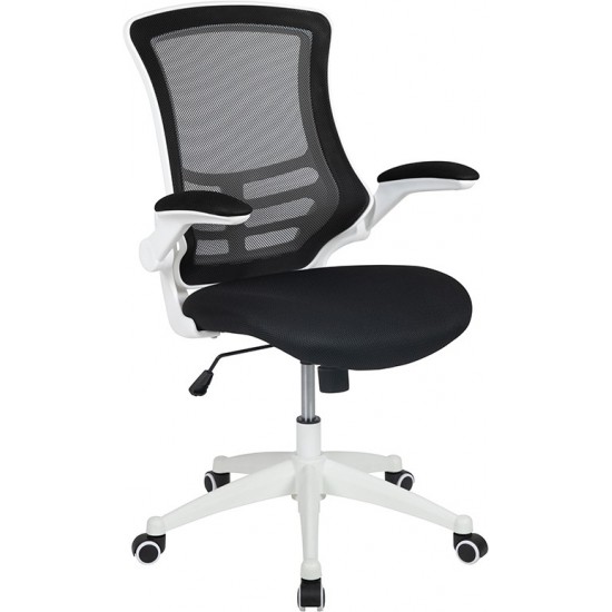 Mid-Back Black Mesh Swivel Ergonomic Task Office Chair with White Frame and Flip-Up Arms