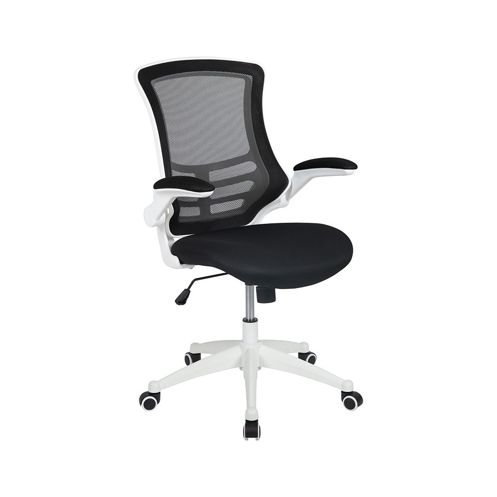 Mid-Back Black Mesh Swivel Ergonomic Task Office Chair with White Frame and Flip-Up Arms