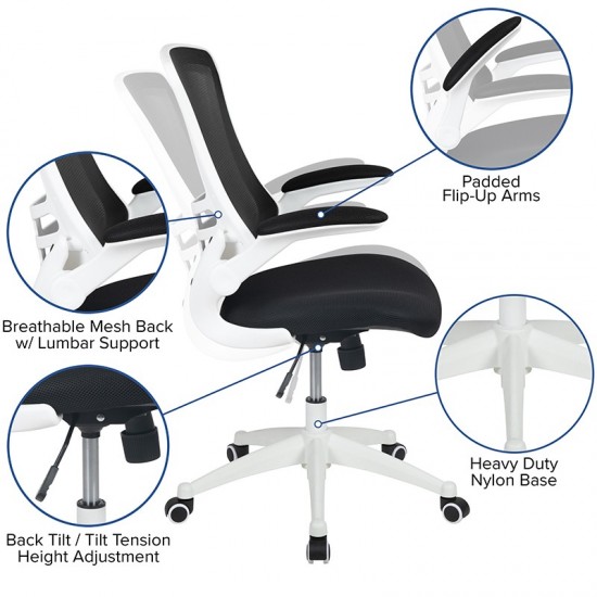 Mid-Back Black Mesh Swivel Ergonomic Task Office Chair with White Frame and Flip-Up Arms