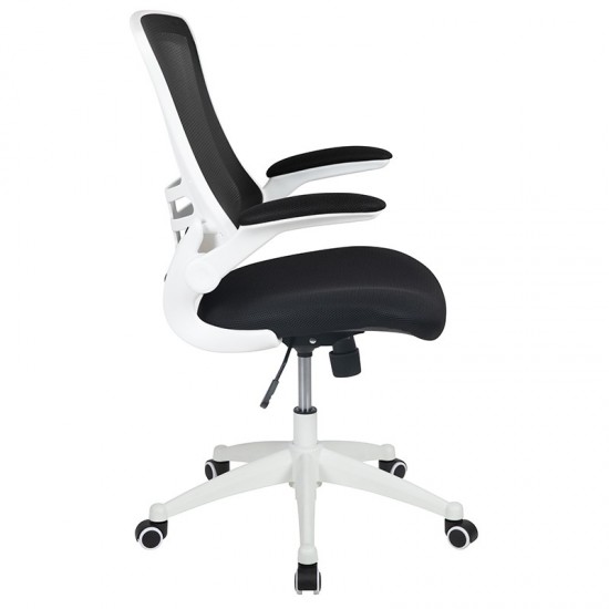 Mid-Back Black Mesh Swivel Ergonomic Task Office Chair with White Frame and Flip-Up Arms