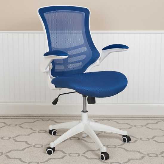 Mid-Back Blue Mesh Swivel Ergonomic Task Office Chair with White Frame and Flip-Up Arms