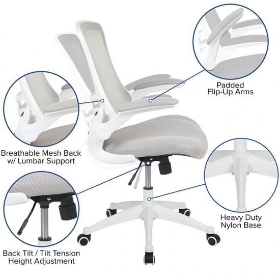 Mid-Back Light Gray Mesh Swivel Ergonomic Task Office Chair with White Frame and Flip-Up Arms