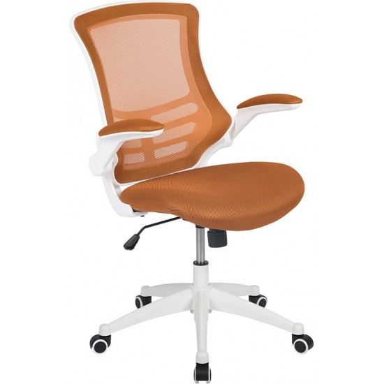 Mid-Back Tan Mesh Swivel Ergonomic Task Office Chair with White Frame and Flip-Up Arms