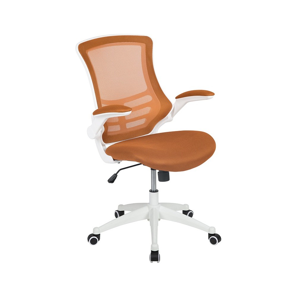 Mid-Back Tan Mesh Swivel Ergonomic Task Office Chair with White Frame and Flip-Up Arms