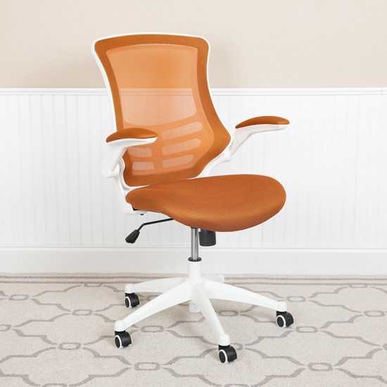 Mid-Back Tan Mesh Swivel Ergonomic Task Office Chair with White Frame and Flip-Up Arms