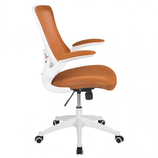 Mid-Back Tan Mesh Swivel Ergonomic Task Office Chair with White Frame and Flip-Up Arms