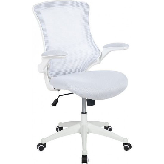 Mid-Back White Mesh Swivel Ergonomic Task Office Chair with White Frame and Flip-Up Arms