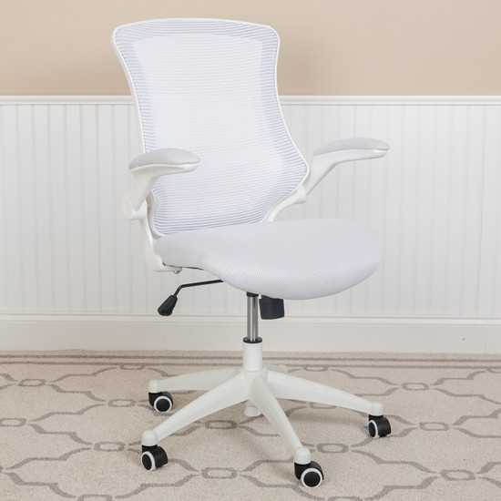 Mid-Back White Mesh Swivel Ergonomic Task Office Chair with White Frame and Flip-Up Arms