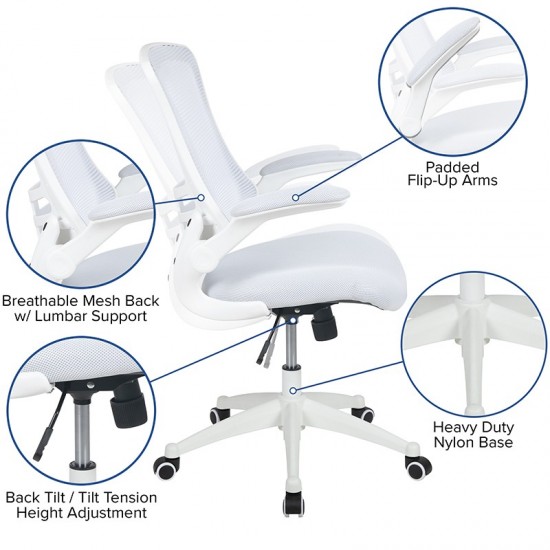 Mid-Back White Mesh Swivel Ergonomic Task Office Chair with White Frame and Flip-Up Arms
