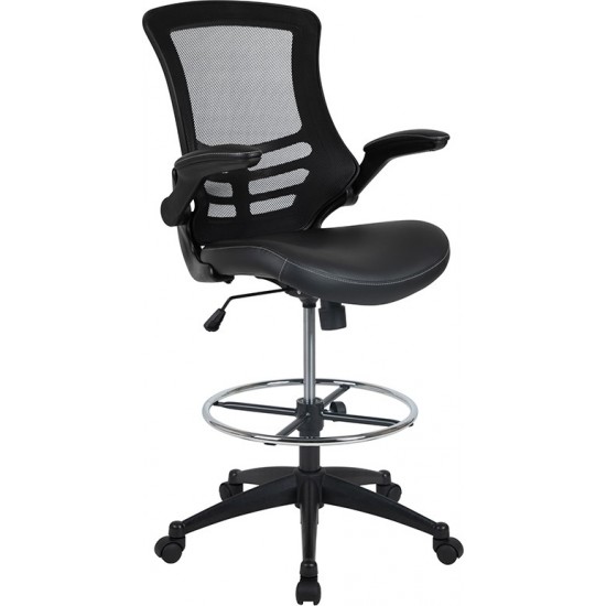 Mid-Back Black Mesh Ergonomic Drafting Chair with LeatherSoft Seat, Adjustable Foot Ring and Flip-Up Arms