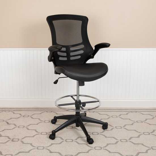 Mid-Back Black Mesh Ergonomic Drafting Chair with LeatherSoft Seat, Adjustable Foot Ring and Flip-Up Arms