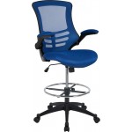 Mid-Back Blue Mesh Ergonomic Drafting Chair with Adjustable Foot Ring and Flip-Up Arms