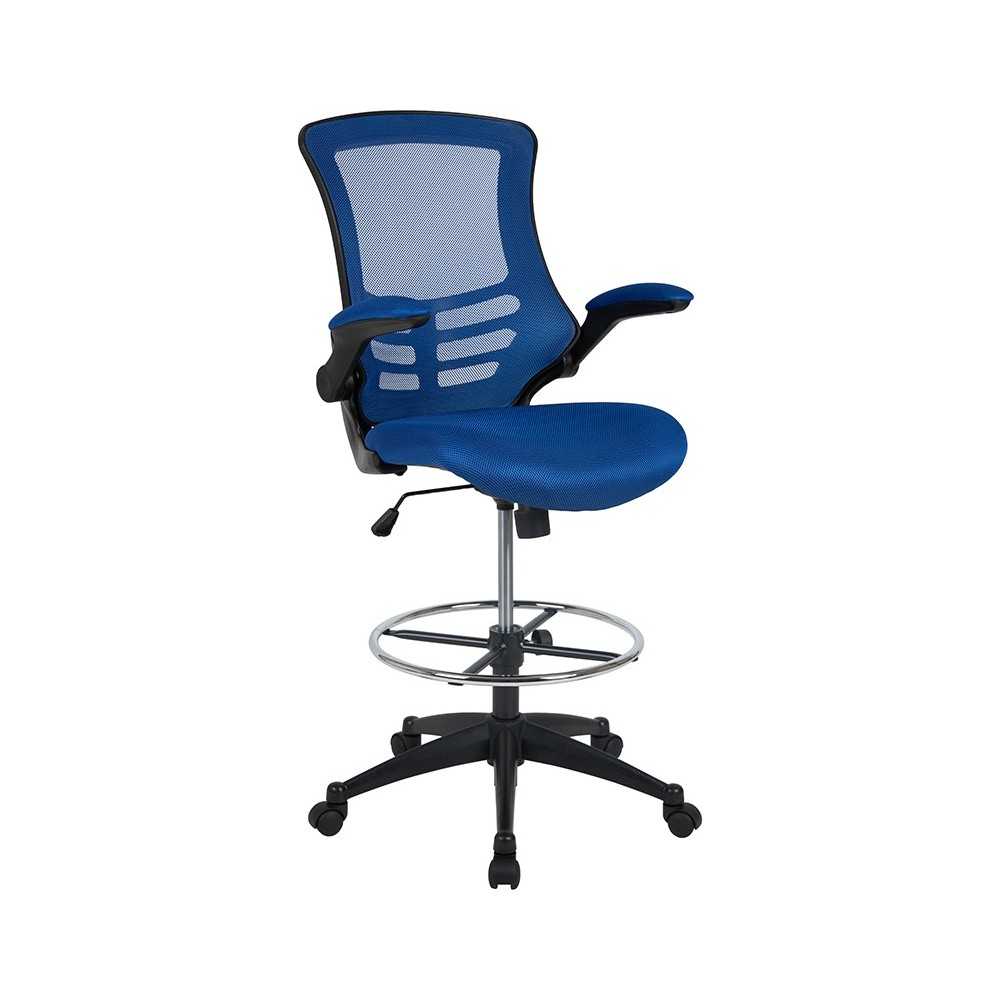 Mid-Back Blue Mesh Ergonomic Drafting Chair with Adjustable Foot Ring and Flip-Up Arms