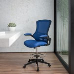 Mid-Back Blue Mesh Ergonomic Drafting Chair with Adjustable Foot Ring and Flip-Up Arms