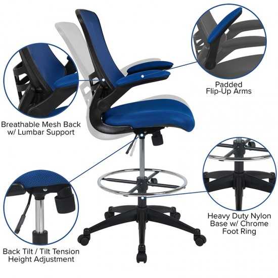 Mid-Back Blue Mesh Ergonomic Drafting Chair with Adjustable Foot Ring and Flip-Up Arms