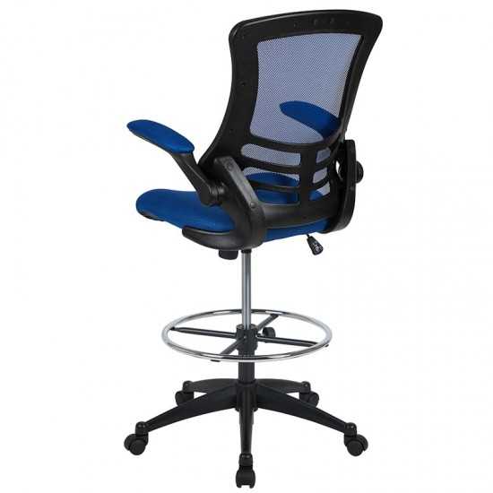 Mid-Back Blue Mesh Ergonomic Drafting Chair with Adjustable Foot Ring and Flip-Up Arms