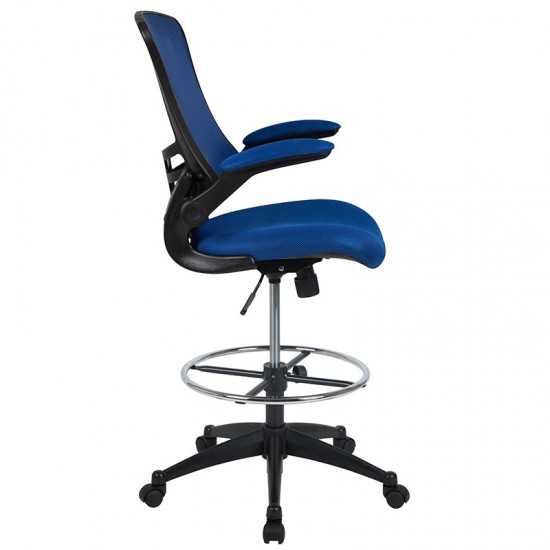 Mid-Back Blue Mesh Ergonomic Drafting Chair with Adjustable Foot Ring and Flip-Up Arms