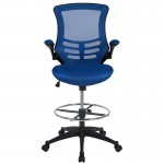 Mid-Back Blue Mesh Ergonomic Drafting Chair with Adjustable Foot Ring and Flip-Up Arms