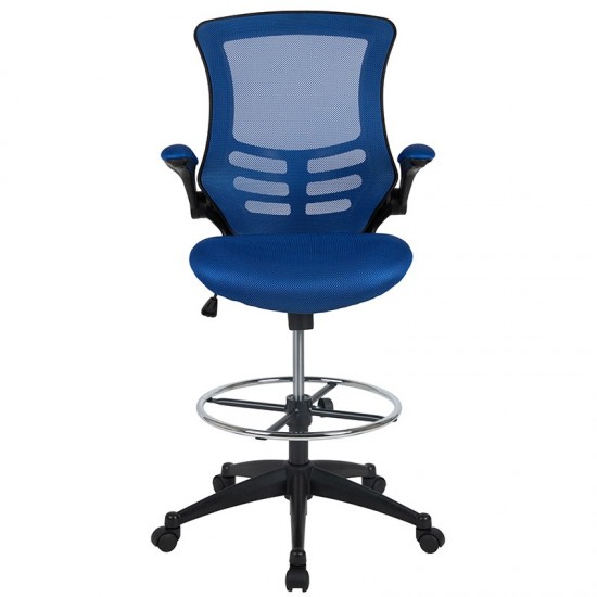 Mid-Back Blue Mesh Ergonomic Drafting Chair with Adjustable Foot Ring and Flip-Up Arms