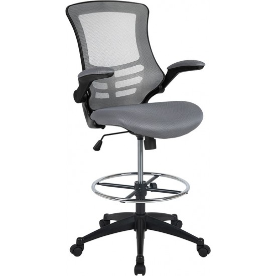 Mid-Back Dark Gray Mesh Ergonomic Drafting Chair with Adjustable Foot Ring and Flip-Up Arms