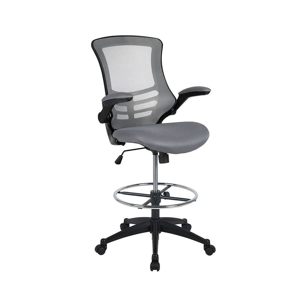 Mid-Back Dark Gray Mesh Ergonomic Drafting Chair with Adjustable Foot Ring and Flip-Up Arms