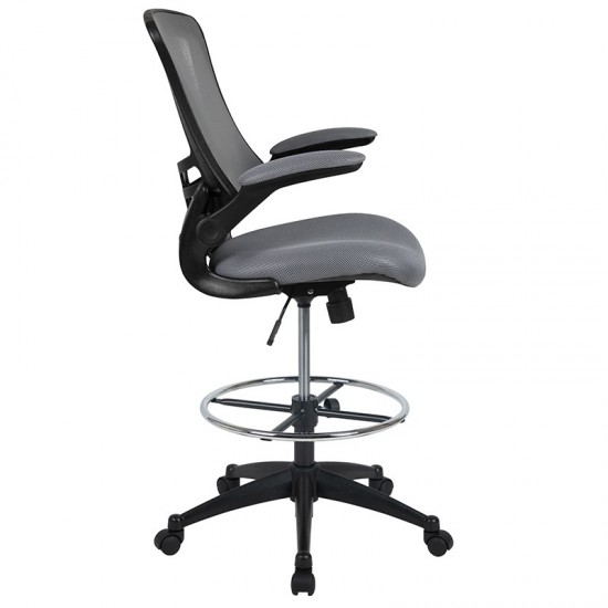 Mid-Back Dark Gray Mesh Ergonomic Drafting Chair with Adjustable Foot Ring and Flip-Up Arms