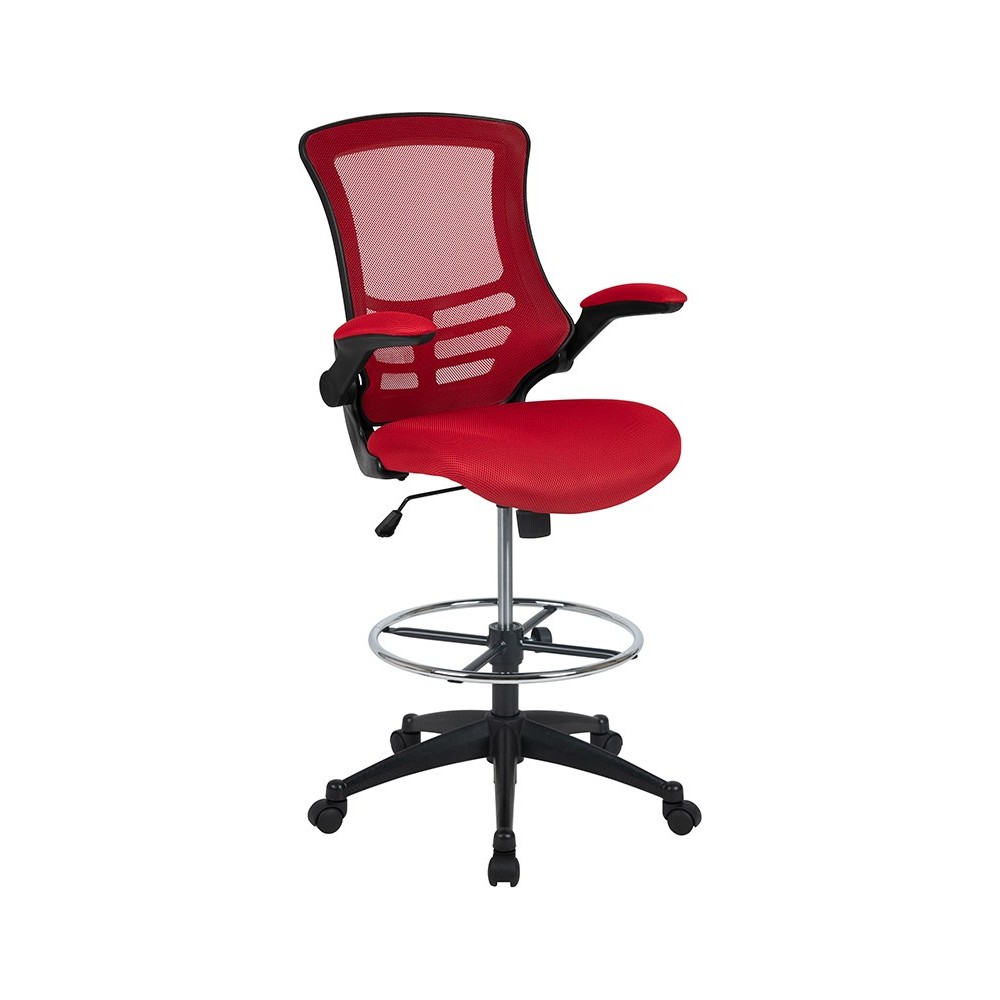 Mid-Back Red Mesh Ergonomic Drafting Chair with Adjustable Foot Ring and Flip-Up Arms Mid-Back Red Mesh Ergonomic Drafting Chair with Adjustable Foot Ring and Flip-Up Arms
