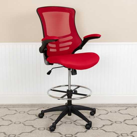 Mid-Back Red Mesh Ergonomic Drafting Chair with Adjustable Foot Ring and Flip-Up Arms