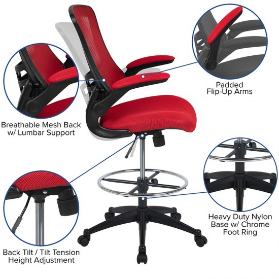 Mid-Back Red Mesh Ergonomic Drafting Chair with Adjustable Foot Ring and Flip-Up Arms