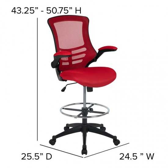 Mid-Back Red Mesh Ergonomic Drafting Chair with Adjustable Foot Ring and Flip-Up Arms