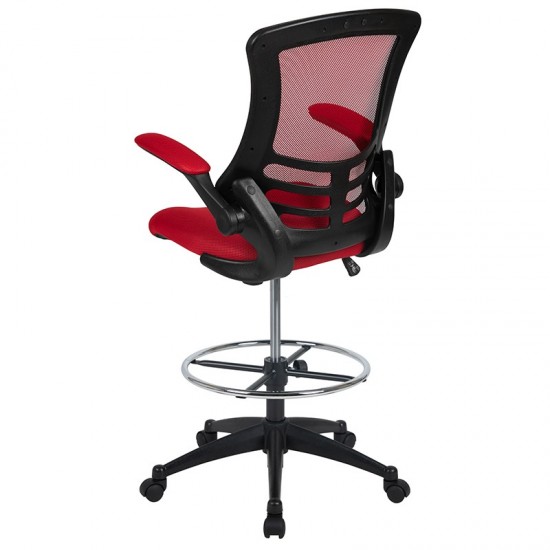 Mid-Back Red Mesh Ergonomic Drafting Chair with Adjustable Foot Ring and Flip-Up Arms